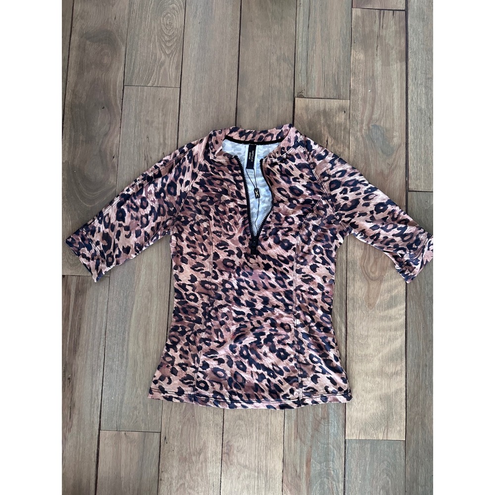 Nip Tuck Swim Womens Leopard Print Half Zip Rash Guard Swim Top Brown Size 6 NEW